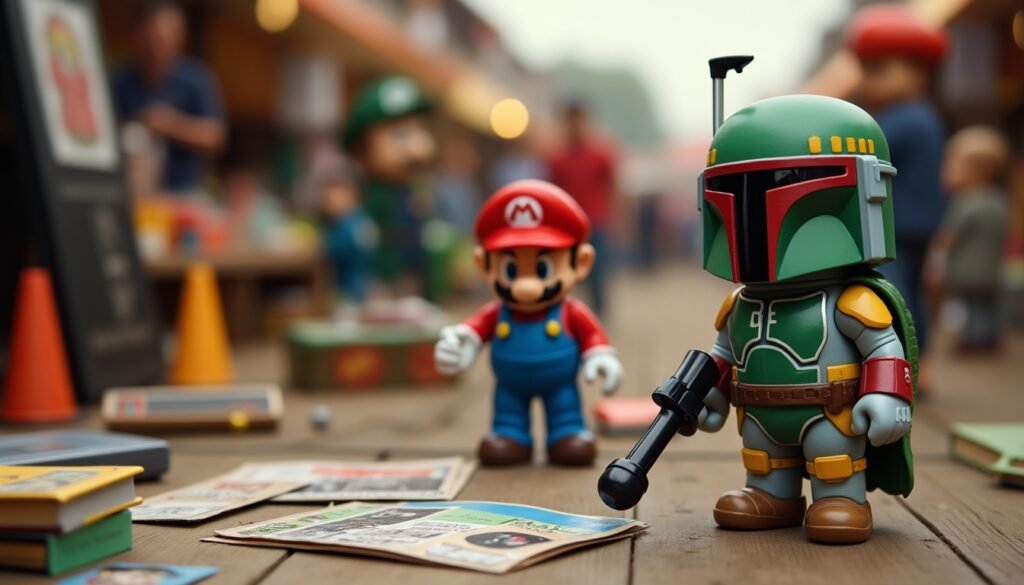 Imagem mostrando colecionadores em um mercado dinâmico, com um jogo raro de Super Mario Bros. e uma action figure limitada do Boba Fett em evidência, além de elementos de leilão ao fundo.