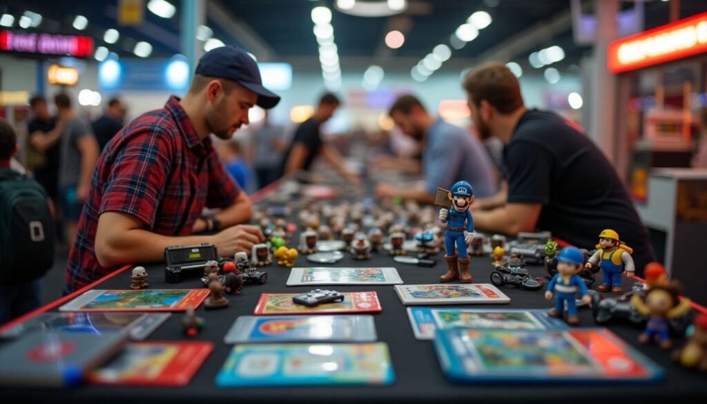 Uma cena animada de uma convenção de jogos, destacando uma comunidade de colecionadores e suas coleções de action figures e jogos retro.
