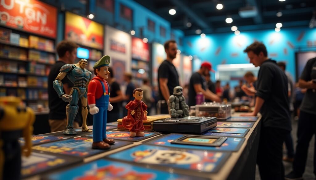 Comunidade de colecionadores em uma convenção de jogos, exibindo uma variedade de action figures e jogos retro, simbolizando a conexão entre jogos e cultura de colecionáveis.