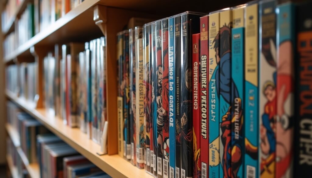 Coleção de quadrinhos de super-heróis protegidos em plásticas, expostos em uma prateleira.
