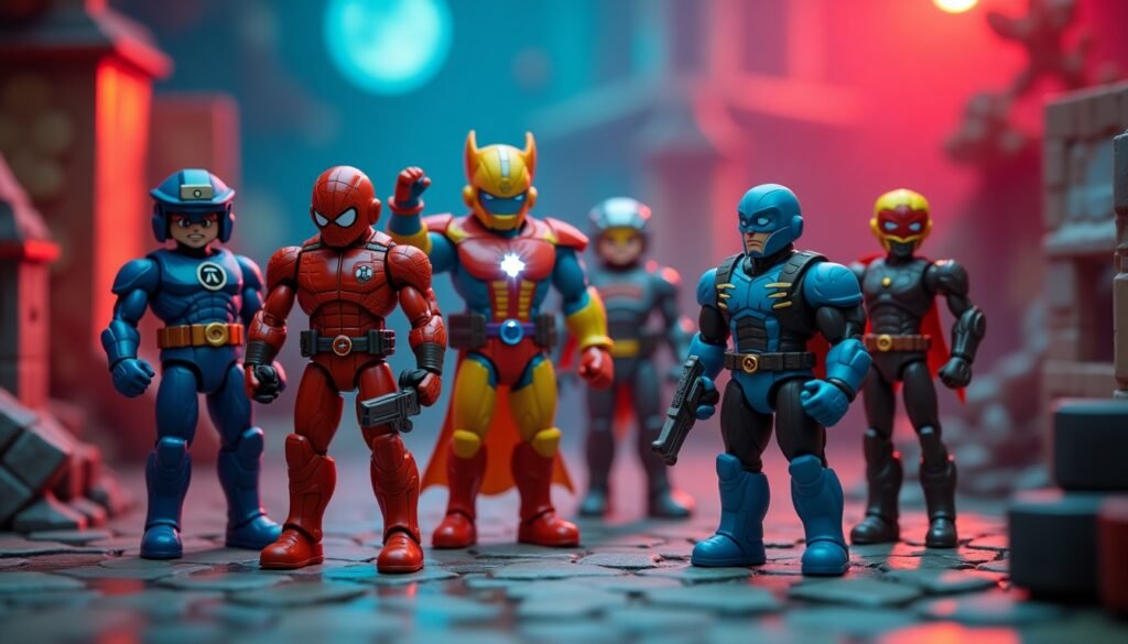 Imagem mostrando uma variedade de action figures e jogos retro em um ambiente acolhedor, destacando sua popularidade e a interação entre colecionadores.