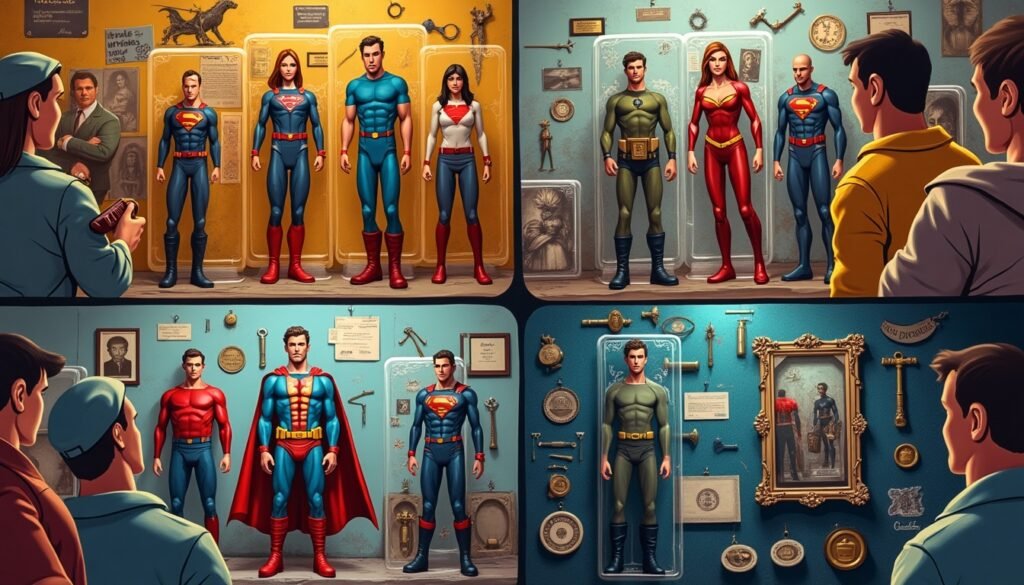 Layout colorido destacando quatro fatores que influenciam o valor de colecionáveis com action figures raras, embalagens em perfeito estado, um fundo narrativo de personagens icônicos e selos de autenticação.