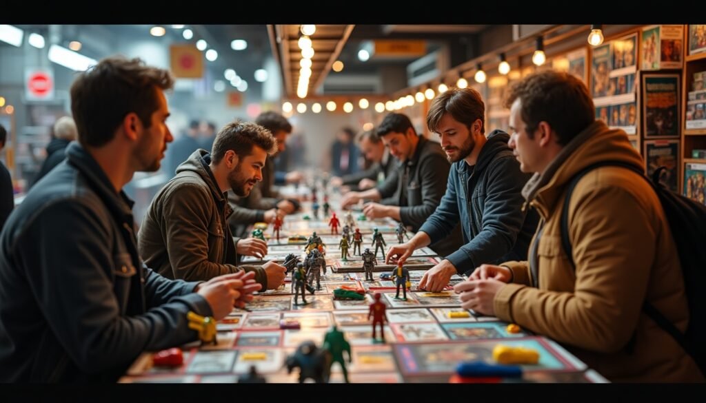 Imagem realista de um mercado de colecionáveis, com colecionadores entusiasmados, action figures e videogames em destaque, ilustrando a interação e a diversidade do hobby.