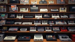 loja de videogames retro com prateleiras cheias de consoles antigos e cartuchos clássicos