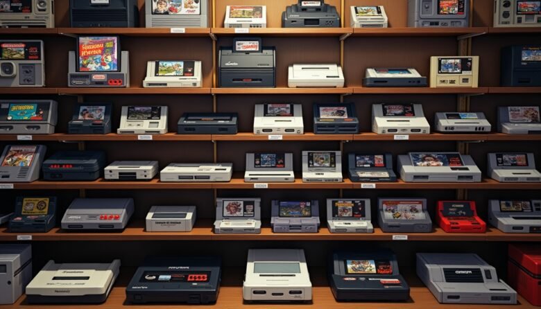 loja de videogames retro com prateleiras cheias de consoles antigos e cartuchos clássicos